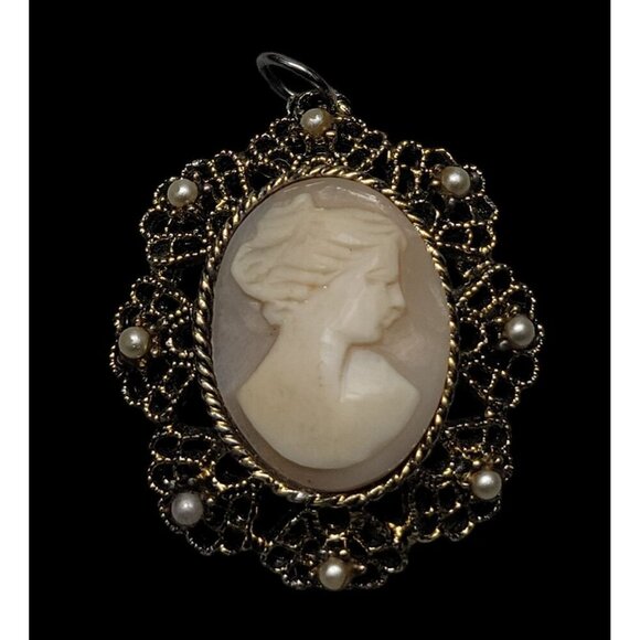 Vermeil Carved Shell Cameo Pendant Faux Pearl Accent Gold Tone Sterling Silver - Picture 8 of 14